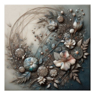 Crème Teal 3D sculpturale botanische bloemige wand Perfect Poster