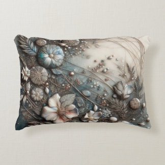 Crème Teal 3D Sculpturale Botanische Bloemstuk Accent Kussen