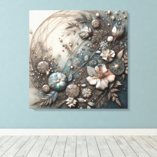 Crème Teal 3D Sculpturale Botanische Bloemstukken Canvas Afdruk