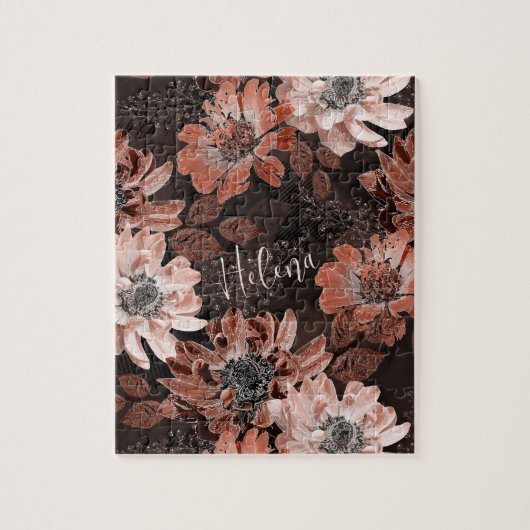 Crème, teracote bloemen op een donkerbruine achter legpuzzel (Verticaal)