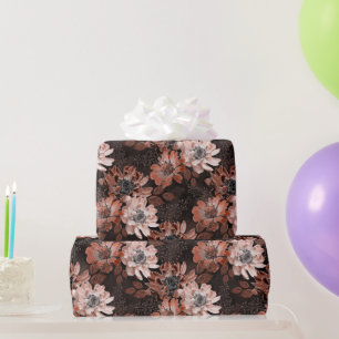 Crème, terracotta bloemen op een donkerbruin cadeaupapier