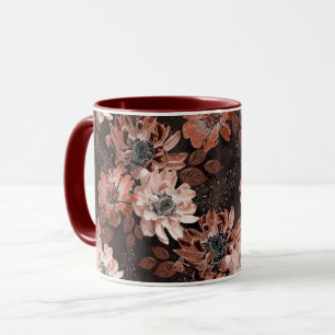 Crème, terracotta bloemen op een donkerbruine acht mok