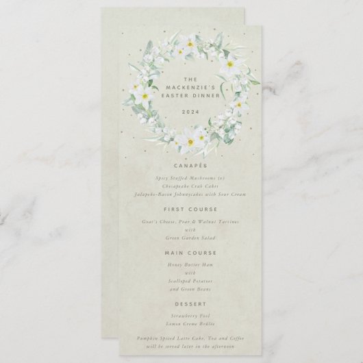 Crème Wit Bloemen Pasen krans Flat 4 gangen Menu (Voorkant / Achterkant)