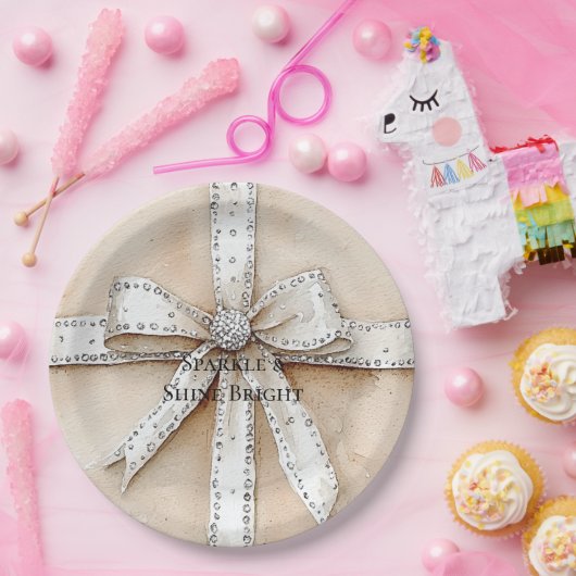 Crème Wit Zilver Glitzy Glam Boog Verjaardag Papieren Bordje (Feest)