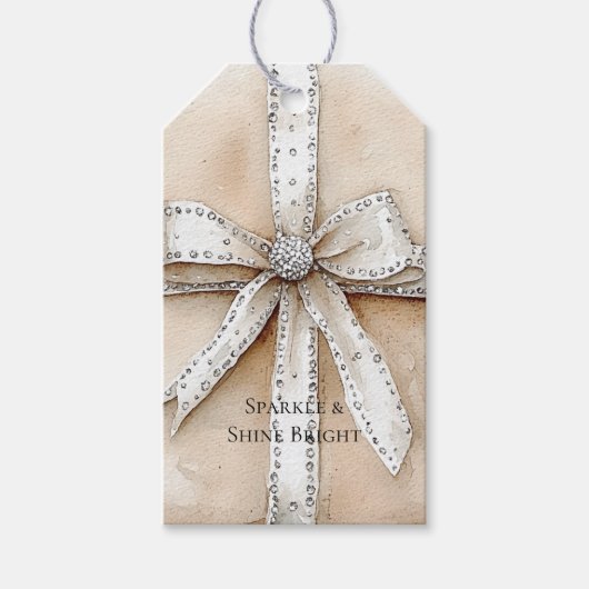 Crème Wit Zilver Glitzy Glam Bow Cadeaulabel (Voorkant)