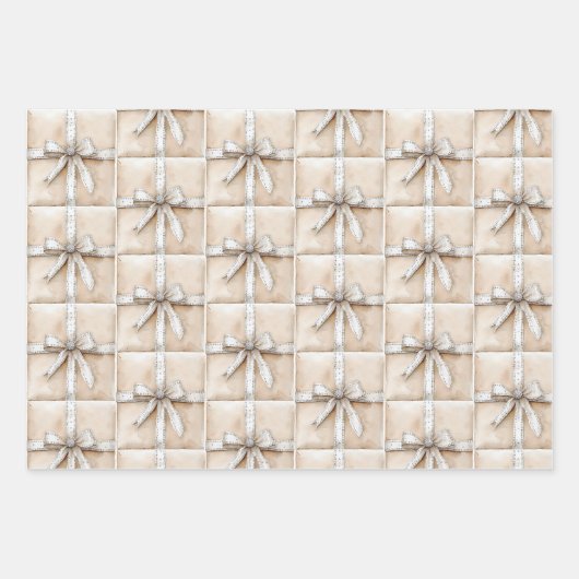 Crème Wit Zilver Glitzy Glam Bow Inpakpapier Vel (Voorkant)