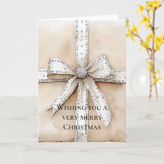 Crème Wit Zilver Glitzy Glam Bow Kerstmis Kaart (Gele Bloem)