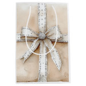 Crème Wit Zilver Glitzy Glam Bow Kerstmis Medium Cadeauzakje (Voorkant)