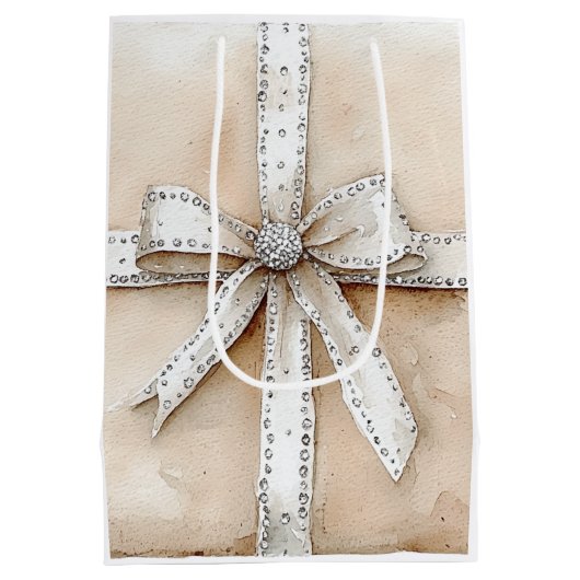 Crème Wit Zilver Glitzy Glam Bow Kerstmis Medium Cadeauzakje (Achterkant)