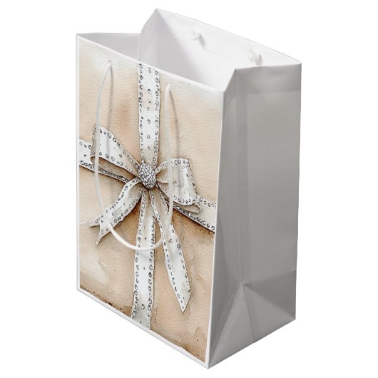 Crème Wit Zilver Glitzy Glam Bow Kerstmis Medium Cadeauzakje (Achterkant Gekanteld)