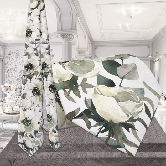 Crème Witte Anemonen Groene Eucalyptus Bruiloft Stropdas