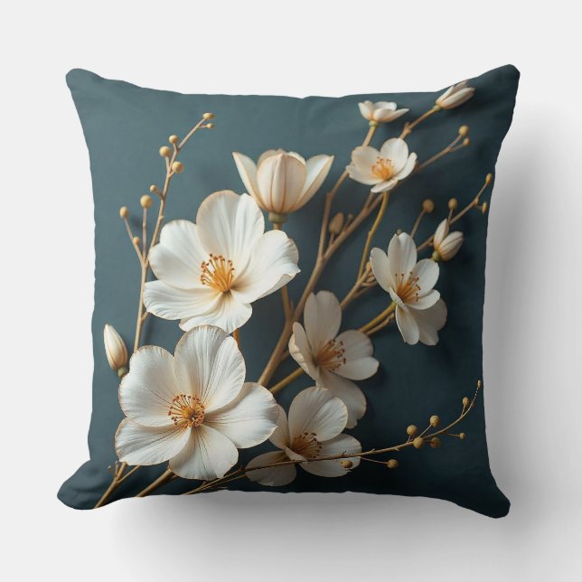 🌸 Crème Witte Bloemige Tak Kamer Decoratie Accent Kussen (Voorkant)
