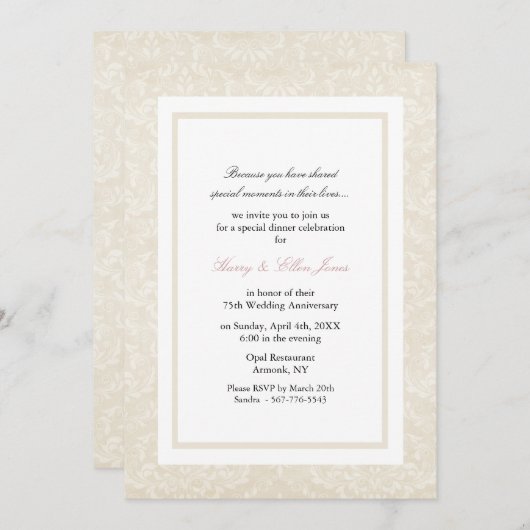 Crème & Witte Damast Huwelijksjubileum Uitnodiging (Voorkant / Achterkant)