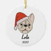Crème/Witte Frenchie Santa Hoed Kerstmis Ornament (Voorkant)