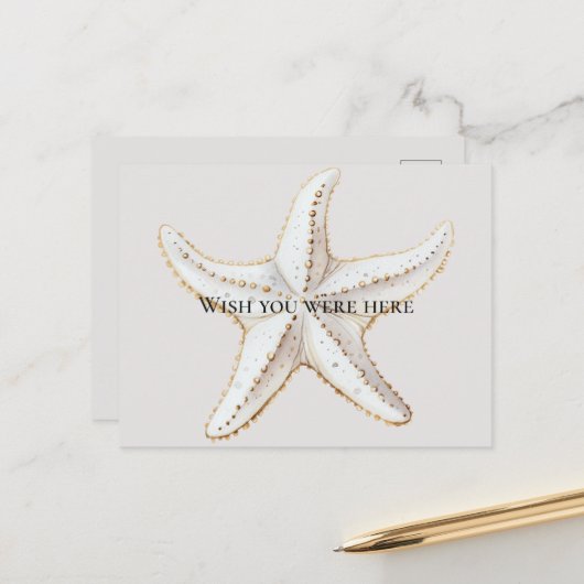 Crème Witte Gouden Zeester Strand Briefkaart (Voorkant / Achterkant in situ)