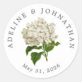 Crème Witte Hortensia Namen En Trouwdatum Ronde Sticker (Voorkant)