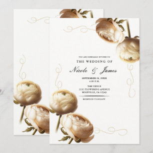 Crème & Witte Ranunculus Bloemen Bruiloft Kaart