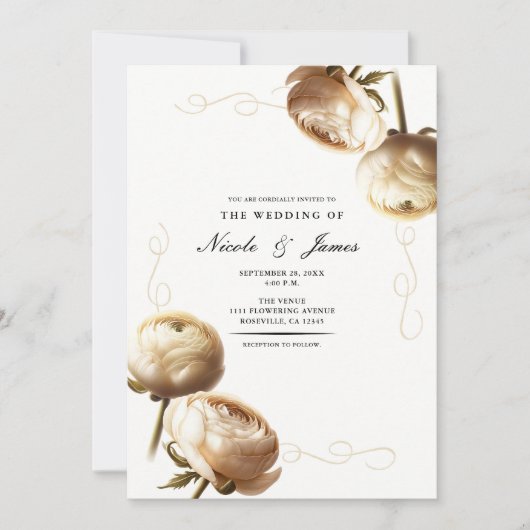 Crème & Witte Ranunculus Bloemenbruiloft Kaart (Voorkant)