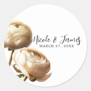 Crème & Witte Ranunculus Bloemenbruiloft Ronde Sticker