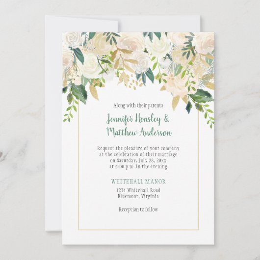 Crème Witte Rozen Cascade bruiloft uitnodiging (Voorkant)