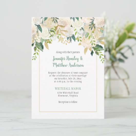 Crème Witte Rozen Cascade bruiloft uitnodiging (Staand voorkant)