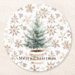 Crème Witte Sneeuwvlokken Kerstboom Ronde Kartonnen Onderzetter