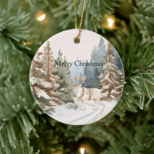 Crème Witte Strepen Herten Kerstbomen Keramisch Ornament