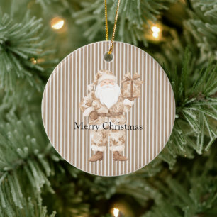Crème Witte Strepen Kerstman Kerstmis Keramisch Ornament