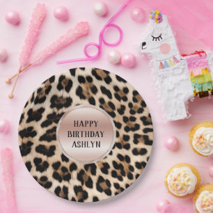 Crème Zwart Bruin Leopard Blush Roze Verjaardag Papieren Bordje