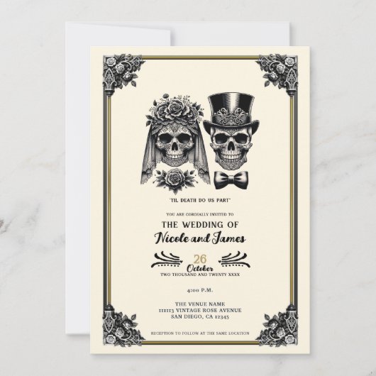 Crème Zwart & Goud Skelet Bruiloft Kaart (Voorkant)