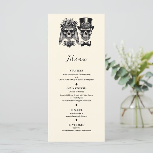 Crème Zwart & Goud  Skelet Bruiloft Menu (Staand voorkant)