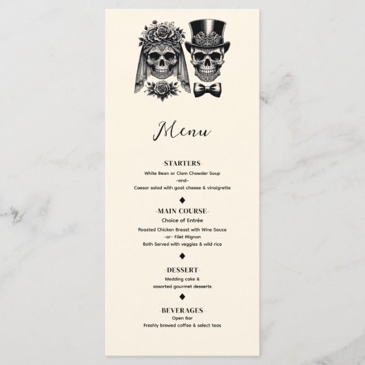 Crème Zwart & Goud  Skelet Bruiloft Menu (Voorkant)