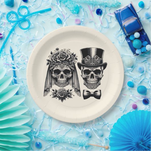 Crème Zwart & Goud Skelet Bruiloft Papieren Bordje (Feest)
