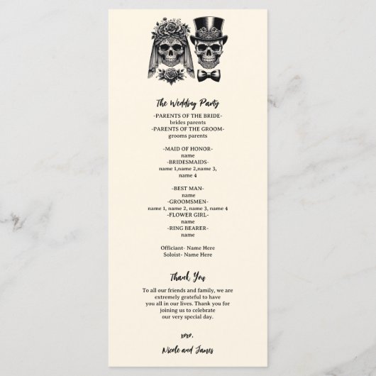 Crème Zwart & Goud  Skelet Bruiloft Programma (Achterkant)