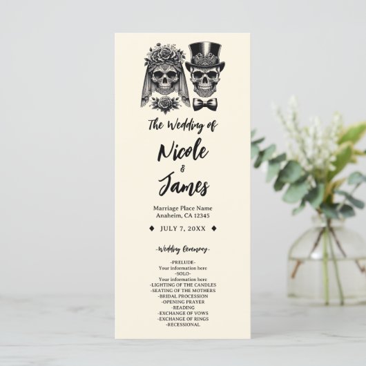 Crème Zwart & Goud  Skelet Bruiloft Programma (Staand voorkant)