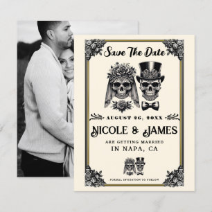 Crème Zwart & Goud  Skelet Save the Date Kaart