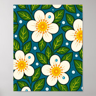 Cremewitte bloemenpatroon met groene bladeren poster