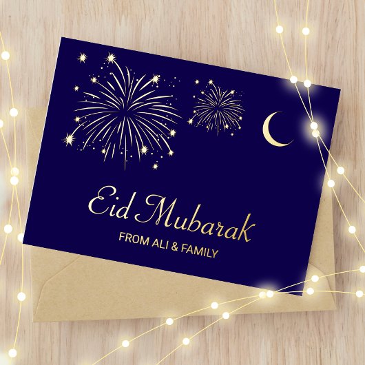Crescent Firework Gold Foil Eid Mubarak Kaart