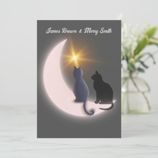 Crescent Moon Cats in Love Gold Star Weddenschap Kaart (Staand voorkant)
