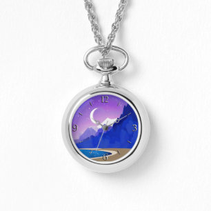 Crescent Moon, Lake en Mountains in Violet & Blue Horloge