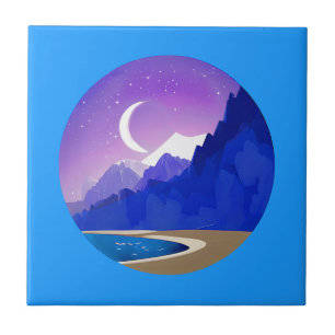 Crescent Moon, Lake en Mountains in Violet & Blue Tegeltje