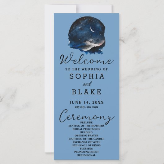 Crescent Moon Starlit Sky Blue Wedding Programme (Devant)