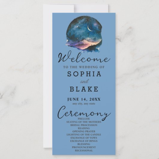 Crescent Moon Starlit Sky Blue Wedding Programme (Devant)