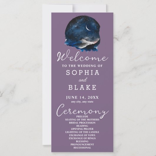 Crescent Moon Starlit Sky Purple Wedding Programme (Devant)