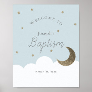 Crescent Moon Stars Blue Boy Baptism Affiche de bi