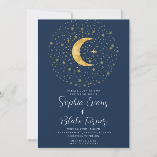 Crescent Moon Sterrennacht Navy Blue Wedding Kaart (Voorkant)