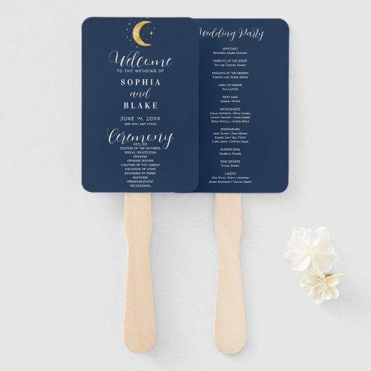 Crescent Moon Sterrennacht Navy Wedding Programme Handwaaier (Voorkant en achterkant)