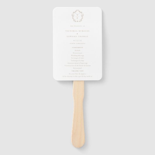  Crest Beige Monogram Weddenschap Programma Handwaaier (Voorkant)
