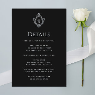 Crest Black Wedding Details  Monogram Informatiekaartje