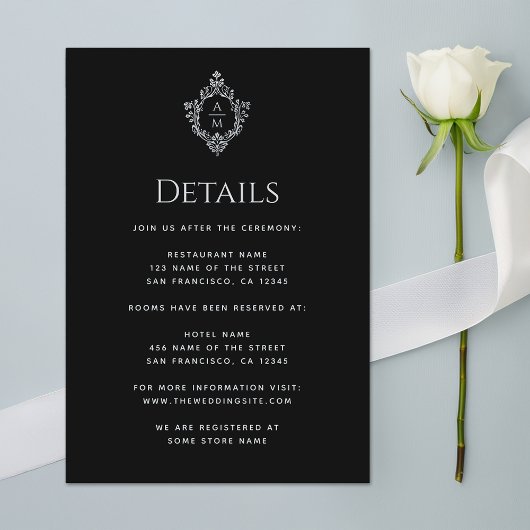 Crest Black Wedding Details  Monogram Informatiekaartje